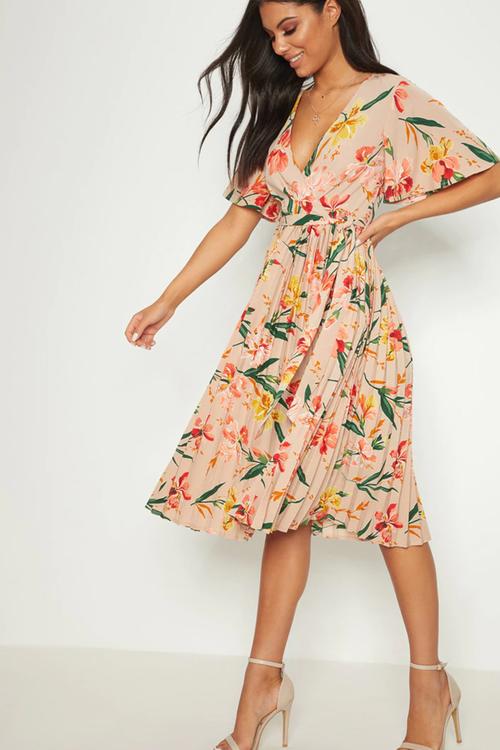 Pleated Floral Midi Dress - Pink