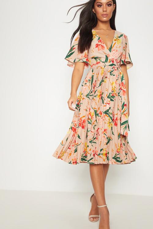 Pleated Floral Midi Dress - Pink