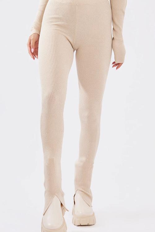 Knitted Split Hem Flare Trousers - Oatmeal