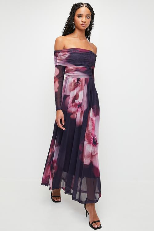 Bardot mesh fit & flare maxi dress - Moody Burgundy Blurred Floral