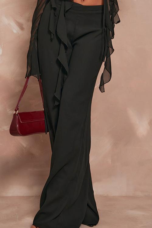 Chiffon Mid Rise Wide Leg Trousers - Black