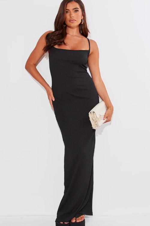 Crinkle Textured Contrast Strappy Maxi Dress - Black