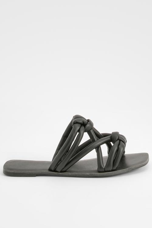 Knotted Detail Slip On Flat Sandals - black