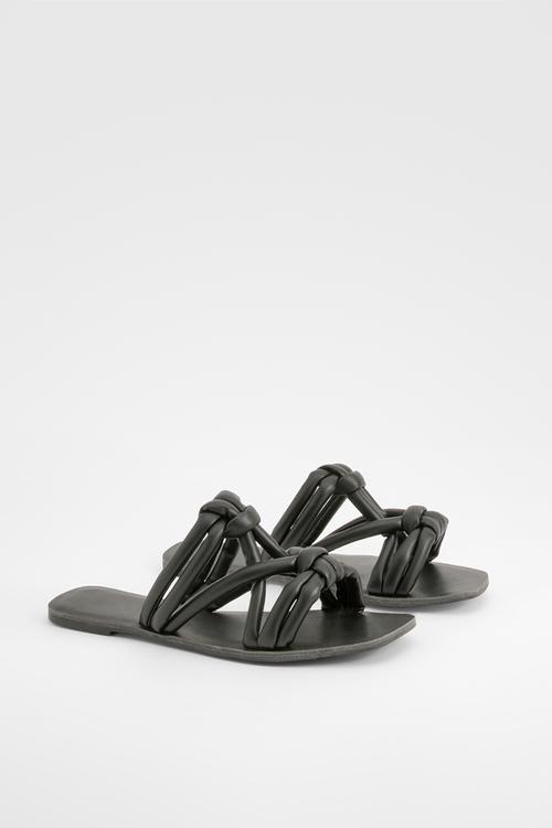 Knotted Detail Slip On Flat Sandals - black