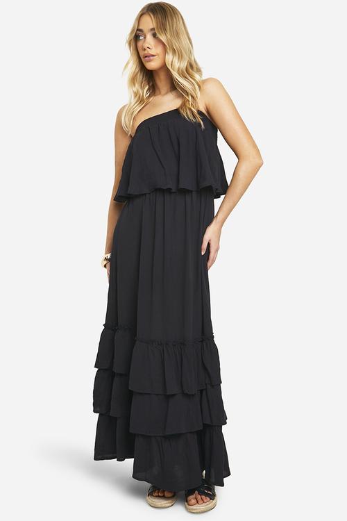 Bandeau Ruffle Maxi Dress - Black