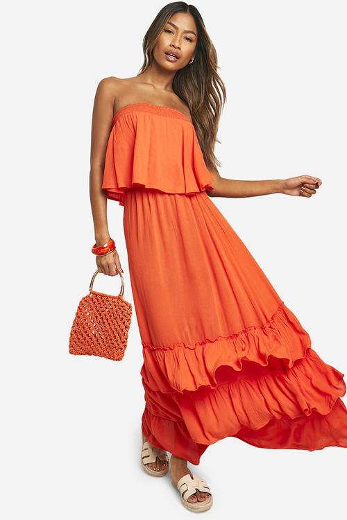 Bandeau Ruffle Maxi Dress - Red