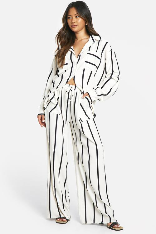Hammered Mono Stripe Wide Leg Trousers - white