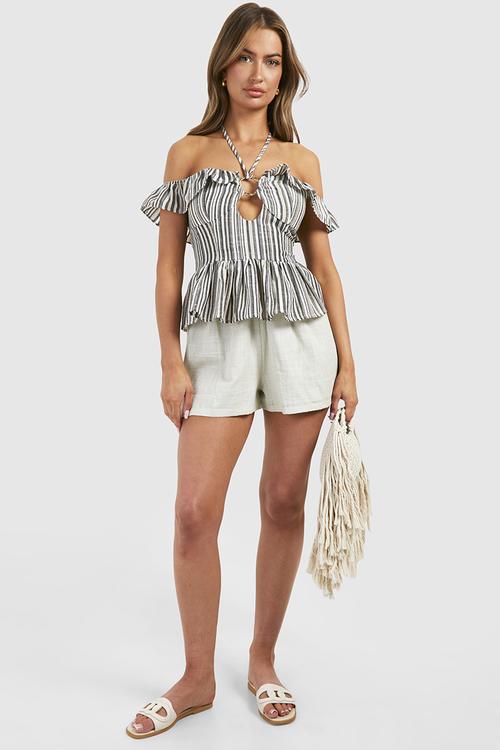 Striped Linen Look Gold Ring Halterneck Cami - Stone