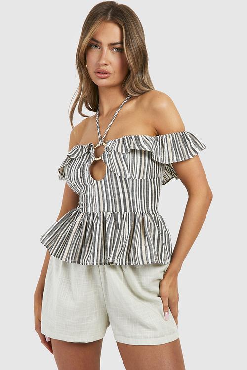 Striped Linen Look Gold Ring Halterneck Cami - Stone