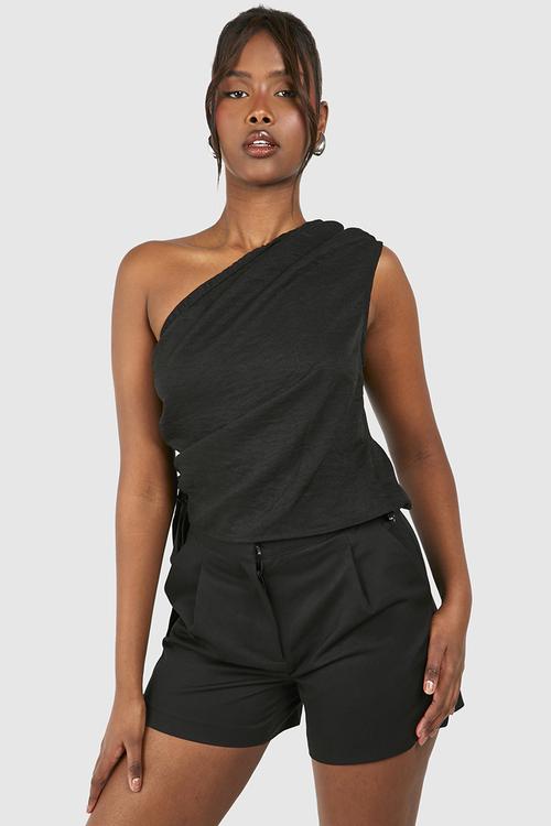 Linen Look Asymmetric Ruched Blouse - Black