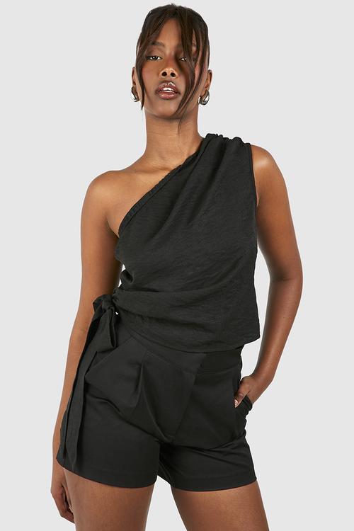 Linen Look Asymmetric Ruched Blouse - Black