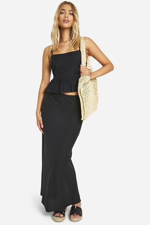 Linen Look Tie Back Peplum Cami - Black