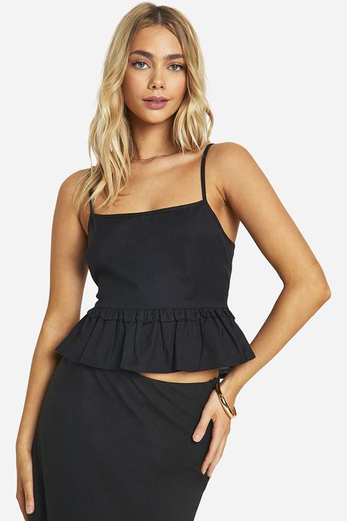 Linen Look Tie Back Peplum Cami - Black