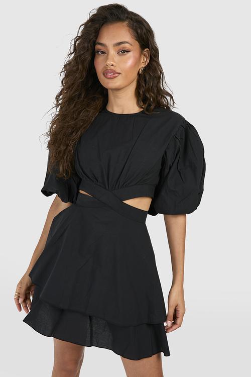 Textured Puff Sleeve Mini Dress - Black