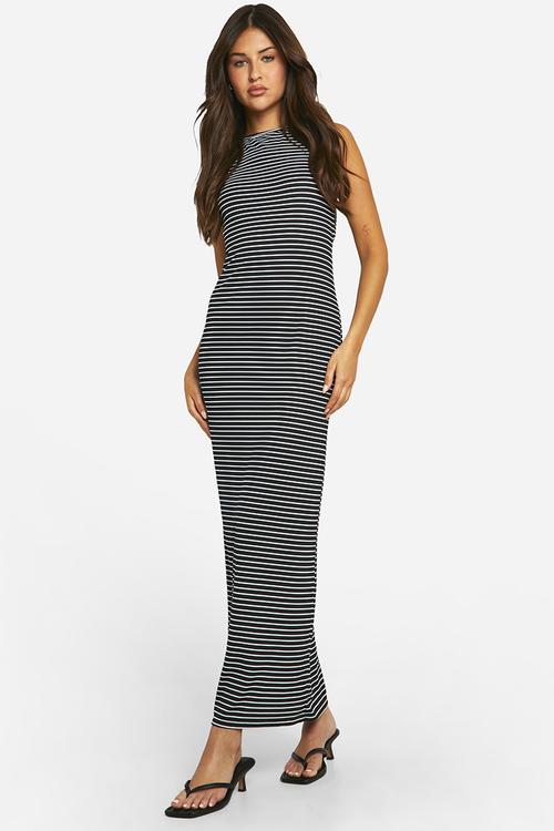 Stripe Low Back Tie Maxi Dress - Black & White 