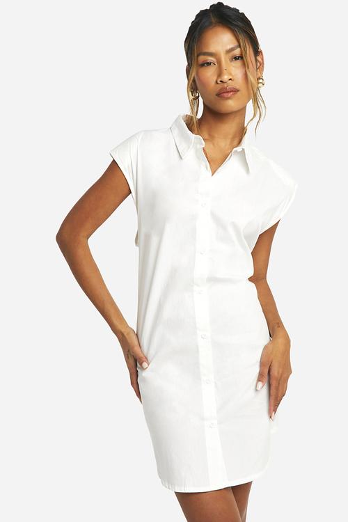 Sleeveless Poplin Shoulder Pad Dress - White