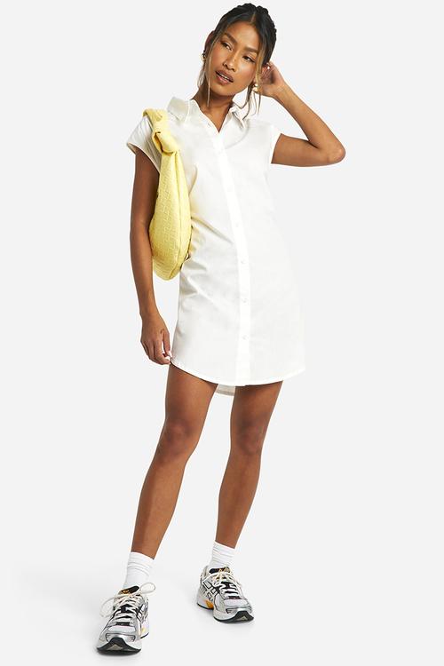 Sleeveless Poplin Shoulder Pad Dress - White