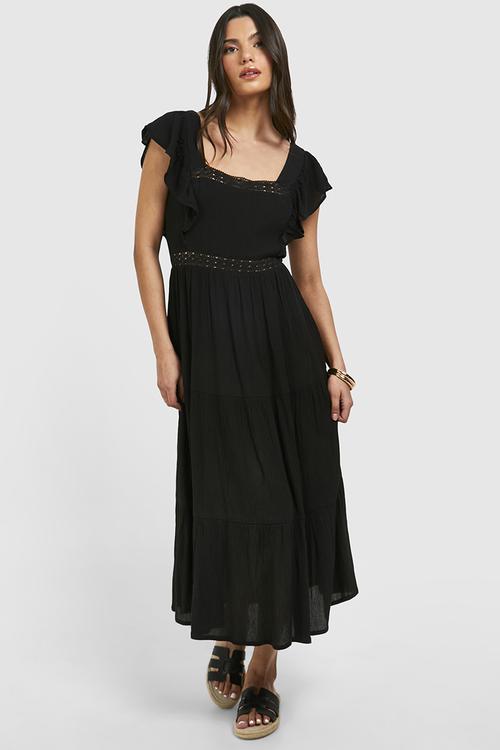 Cotton Ruffle Midaxi Dress - Black