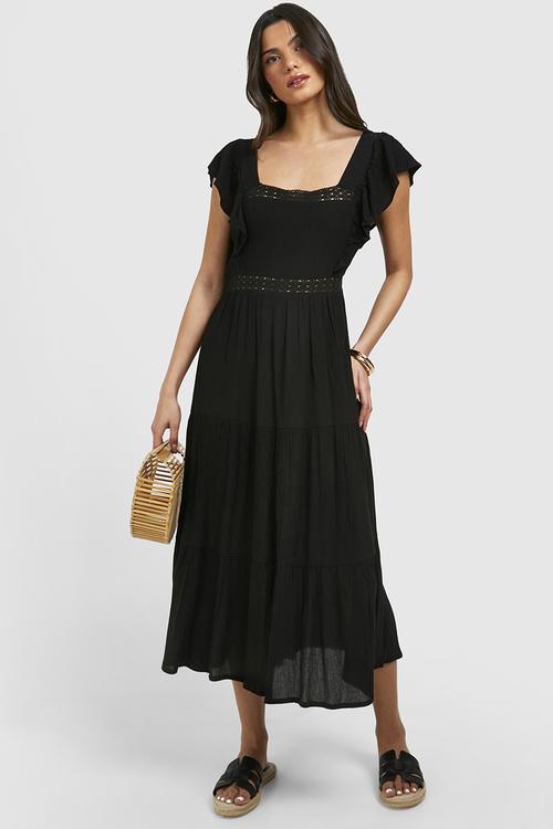 Cotton Ruffle Midaxi Dress - Black