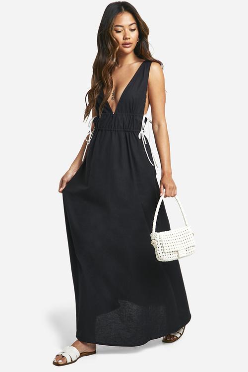 Contrast Tie Maxi Dress - Black