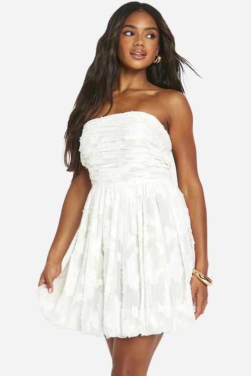 Burnout Floral Bandeau Ruched Mini Dress - White