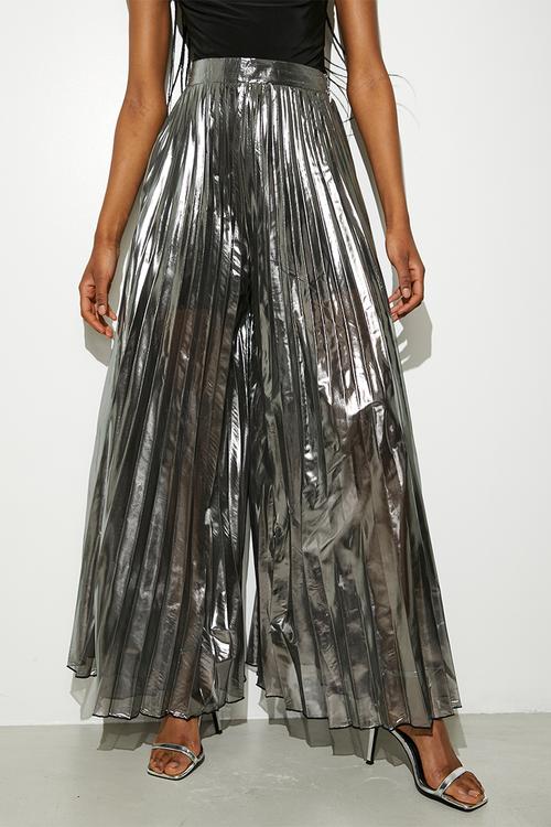 Sheer metallic pleated palazzo pants - silver
