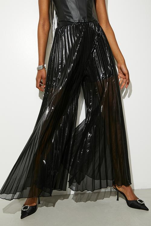 Sheer metallic pleated palazzo pants - black
