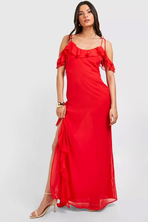 Chiffon ruffle split maxi dress - red