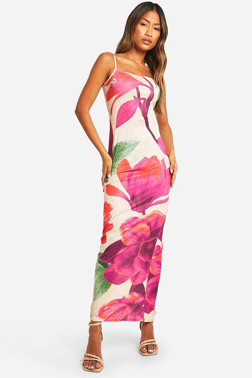Floral sheer print maxi dress - pink
