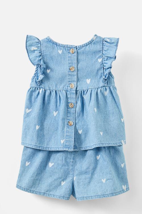 Bessy flutter sleeve top and short set - light chambray wash/ditsy hearts