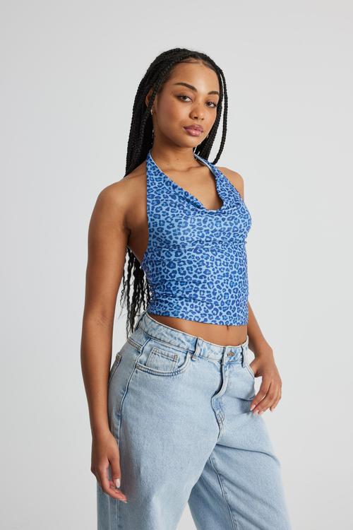 Kelly Mesh Cowl Neck Halter - Blue Leopard