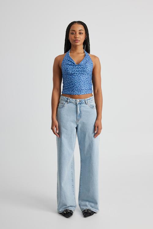 Kelly Mesh Cowl Neck Halter - Blue Leopard