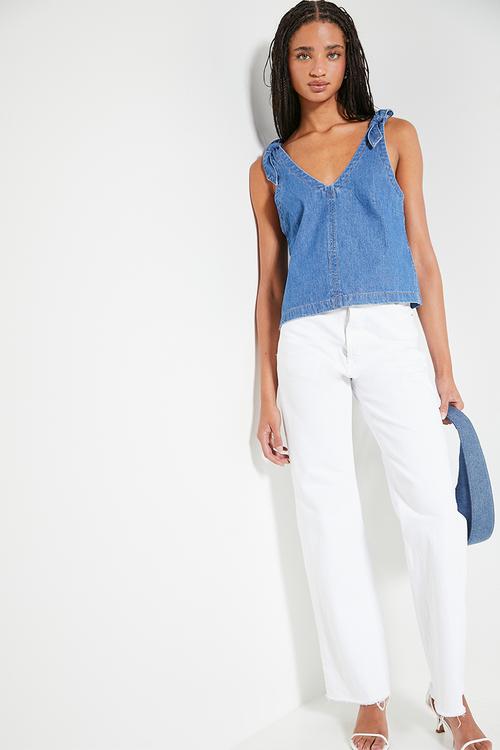 Co- ord chambray denim shoulder tie shell - light blue