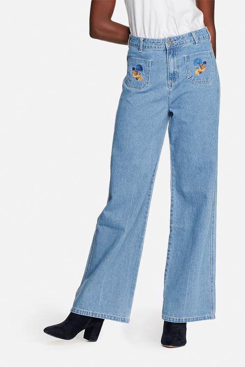 Embroidered wide leg jeans