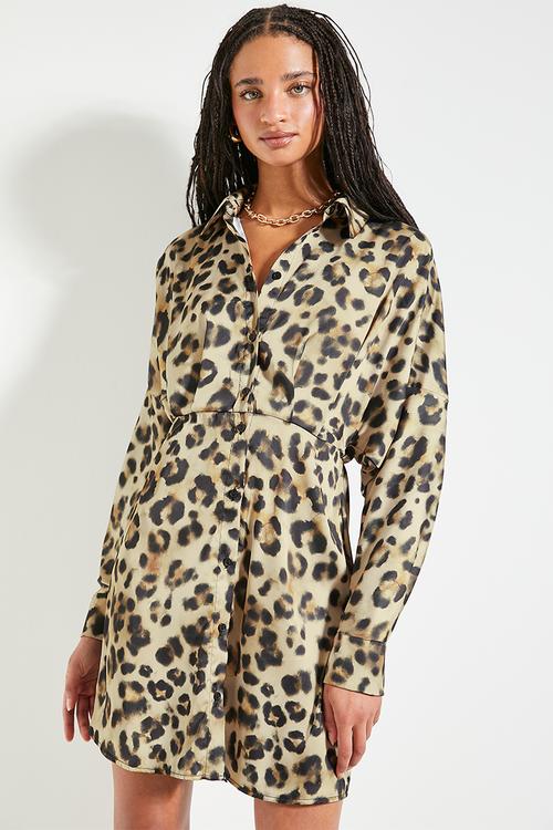 Satin mini shirt dress - ghostly animal