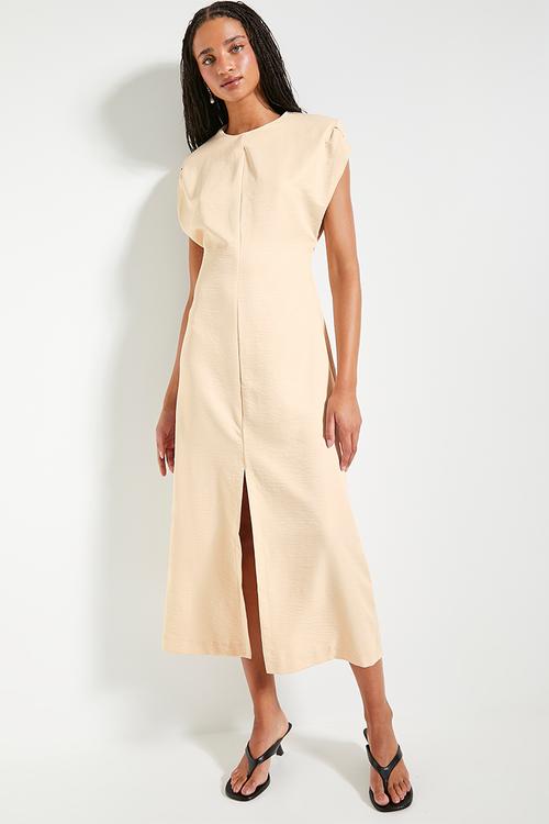 Minimal power shoulder midi dress - neutral