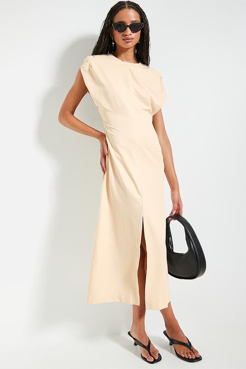 Minimal power shoulder midi dress - neutral