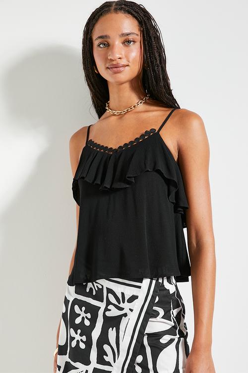 Soft ruffle crinkle cami with trim - black