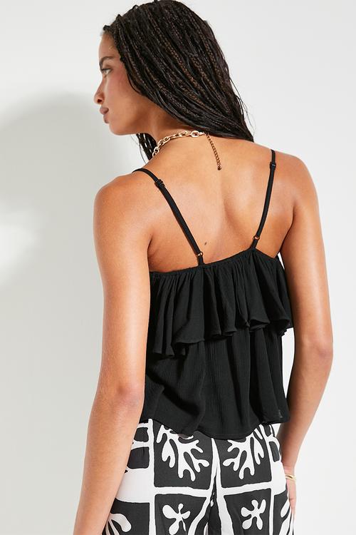 Soft ruffle crinkle cami with trim - black