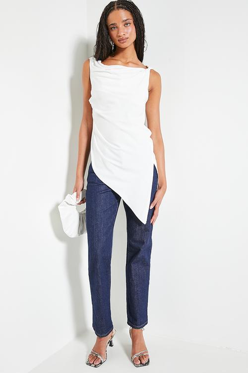 Co-ord cowl linen top - white