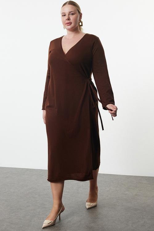Double Breasted Tie Detailed Midi Knitwear Dress - Brown 