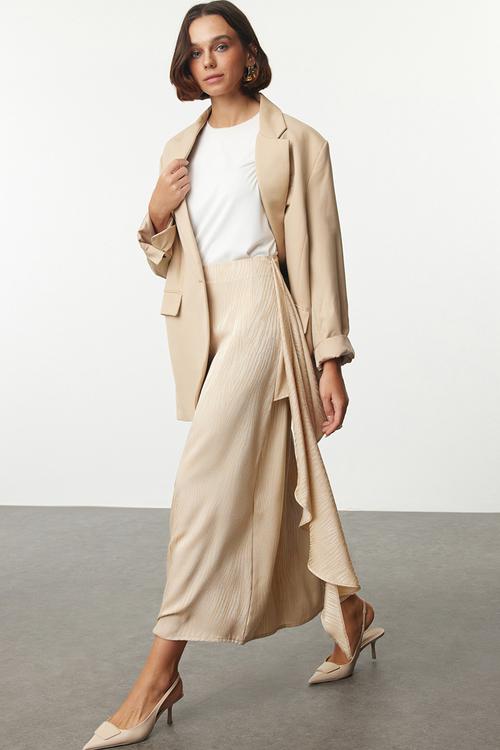Self-Patterned Woven Satin Skirt - Beige 