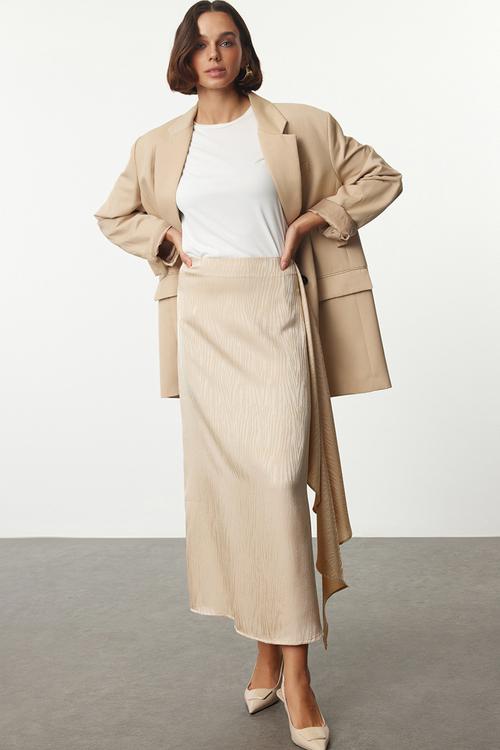 Self-Patterned Woven Satin Skirt - Beige 