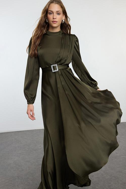 Belt Detailed Evening Dress - Green
