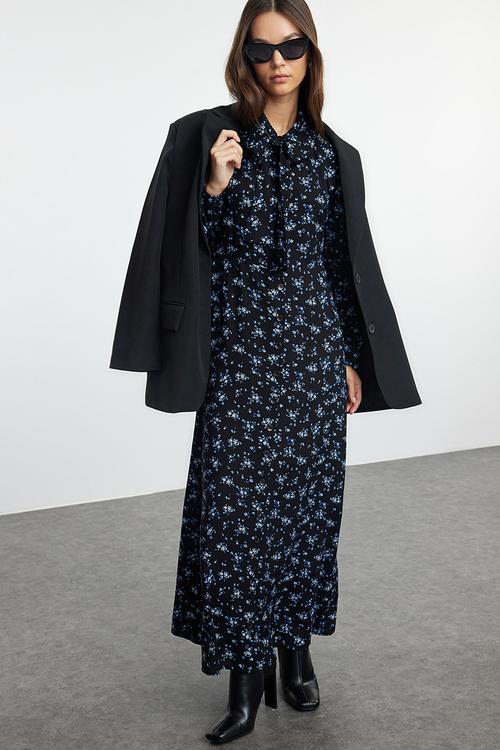 Black Floral Woven Shirt Dress