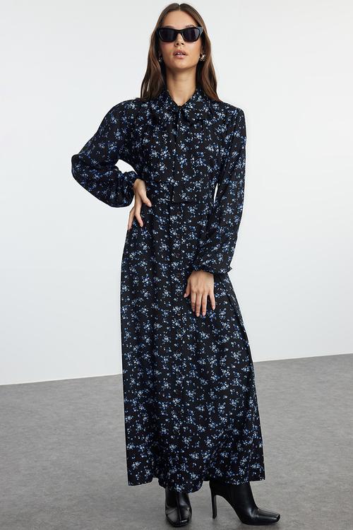 Black Floral Woven Shirt Dress