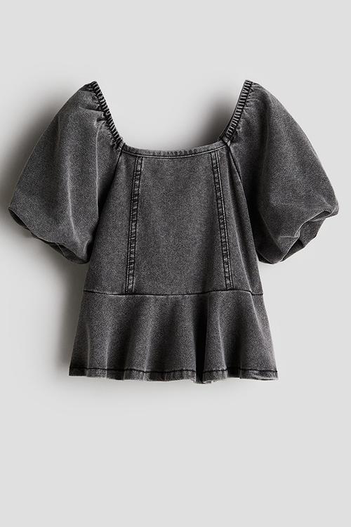 Denim-look peplum blouse - washed grey