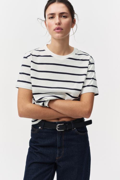 Cotton T-shirt - white & navy blue striped