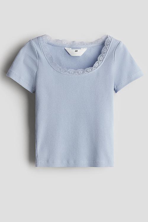 Lace-detailed jersey top - light blue