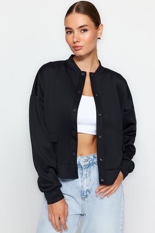 Pocket Detailed Snap Button Scuba Knitted Jacket - Navy Blue